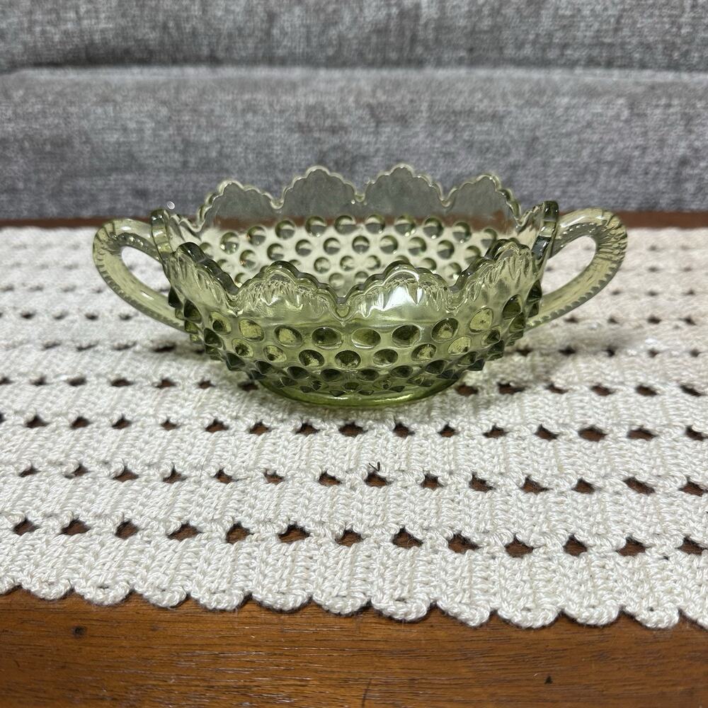 Vintage FENTON Colonial Green HOBNAIL Oblong Glass Bowl Scalloped w/Handles 7"